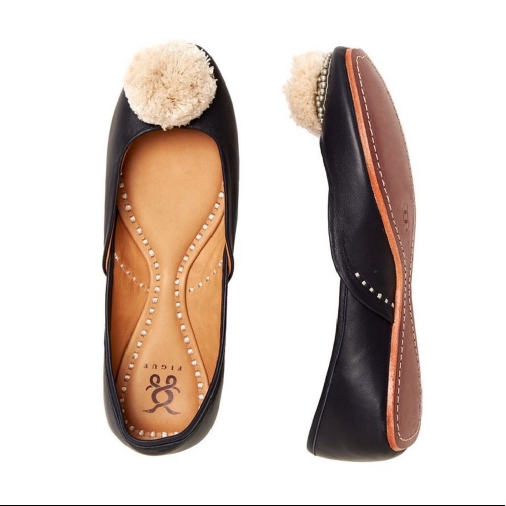 Figue Black Leather Pom Pom D’Orsay Flats Mojari Inspired Women Size 8